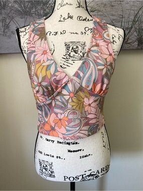 Altar'd State retro pink multi floral paisley halter crop top,  size large